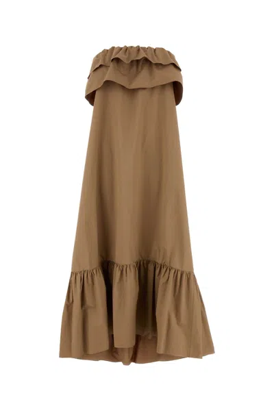 Saint Laurent Beige Cotton Serge Ruffled Dress In Brown