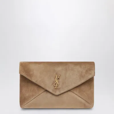 Saint Laurent Camel Suede Large Envelope Clutch In Brown