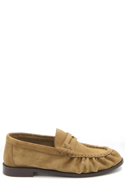 Saint Laurent Camel Suede Loafers In Brown