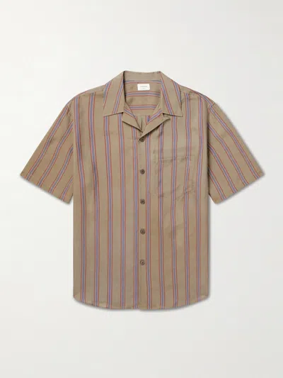 Saint Laurent Camp-collar Logo-embroidered Striped Twill Shirt In Brown