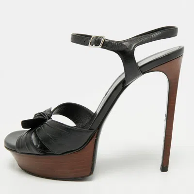 Pre-owned Saint Laurent Candy Size 37 Black Leather Ankle Strap Platform Sandals