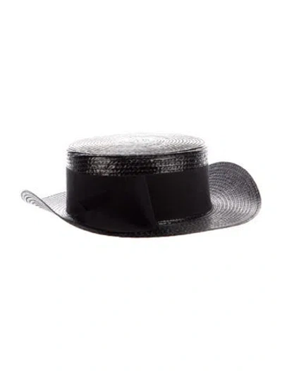 Pre-owned Saint Laurent Canotier Lacquered Straw Boater Hat In Black