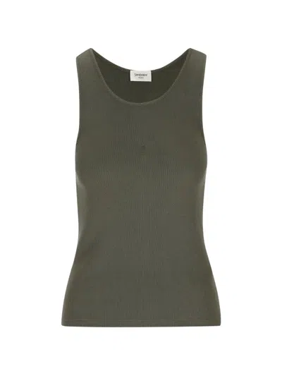 Saint Laurent Cassandre Cotton Ribbed Jersey Tank Top With Tonal Embroidery In Green