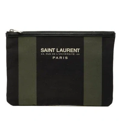 Pre-owned Saint Laurent Canvas Beach Zip Clutch In Black