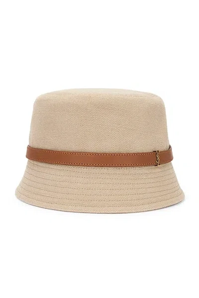 Saint Laurent Canvas Bucket Hat With A Ysl Leather Band In Beige/light Brown