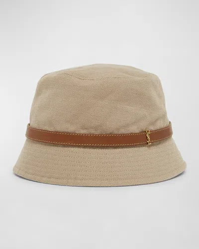Saint Laurent Canvas Bucket Hat With A Ysl Leather Band In Brown