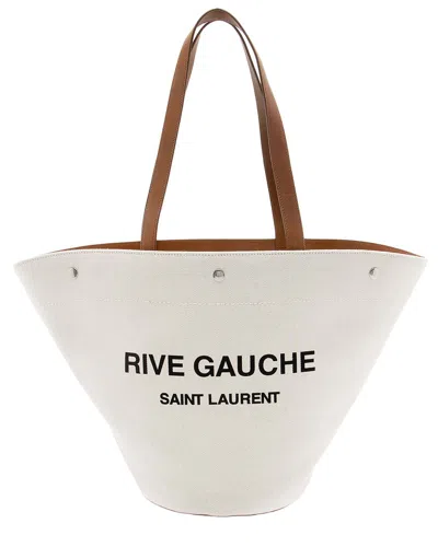Saint Laurent Canvas Calfskin Trapezoid Rive Gauche Tote (authentic Pre-loved) In White