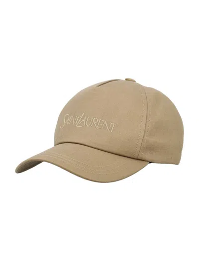 Saint Laurent Embroidered 5p Gabardine Cap In Brown