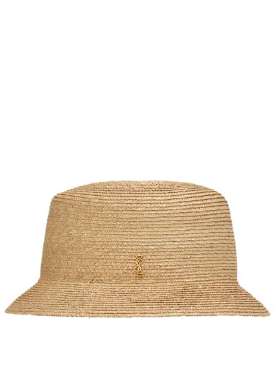 Saint Laurent Maglina Straw Bucket Hat With Cassandre Pin In Brown
