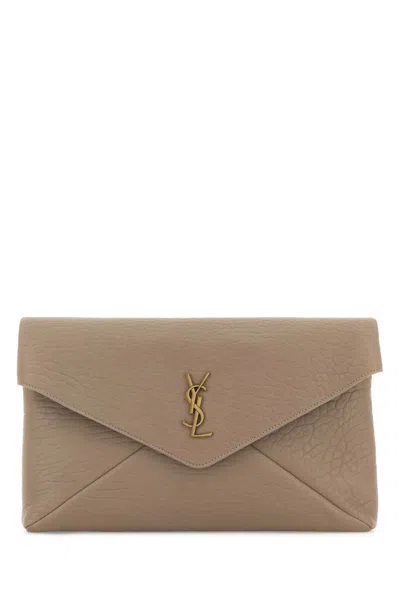 Saint Laurent Cappuccino Leather Envelope Cassandre Pouch In Gray
