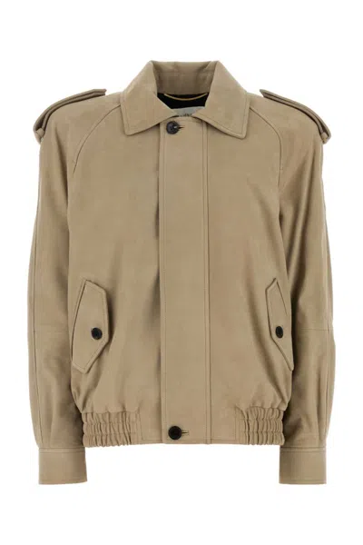Saint Laurent Cappuccino Leather Jacket In Green