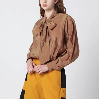 Saint Laurent Caramel Taffeta Blouse With Lavallière Collar In Brown