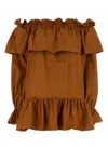 Saint Laurent Brown Ruffle Dress With Bare Shoulders In Cotton Twill Woman
