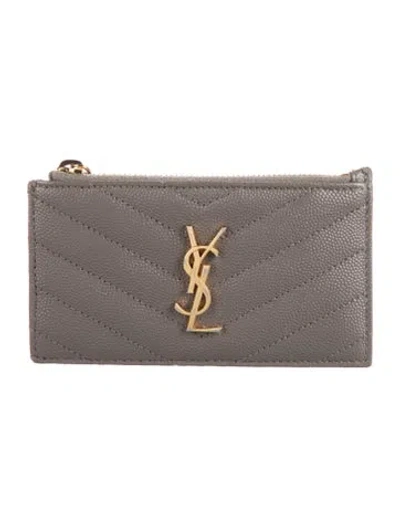 Pre-owned Saint Laurent Card Holder Leather Card Holder In Grey