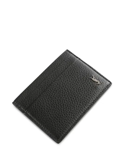 Saint Laurent Cardholder Tiny Cassandre In Hammered Leather In Black