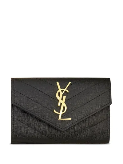 Saint Laurent Cardholder With Brass Metal Logo In Brown