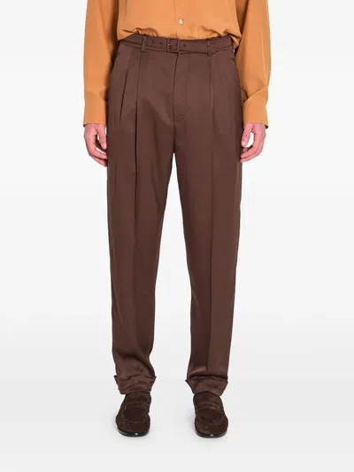 Saint Laurent Tapered Belted Pleated Wool And Mohair-blend Trousers In Brown