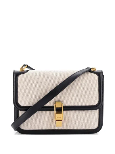 Pre-owned Saint Laurent Carre Satchel Canvas With Leather Medium Shoulder Bag In Black