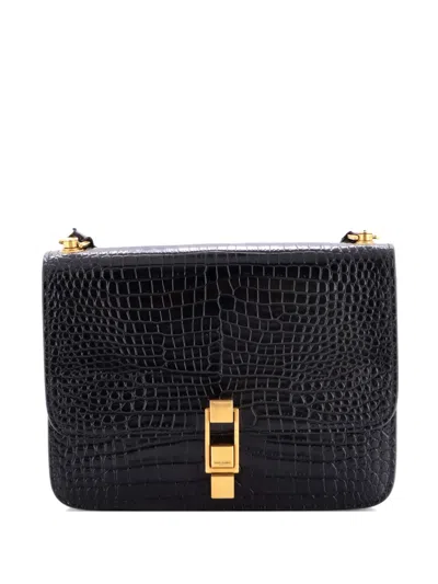 Pre-owned Saint Laurent Carre Satchel Crocodile Embossed Leather Medium Crossbody Bag In Black