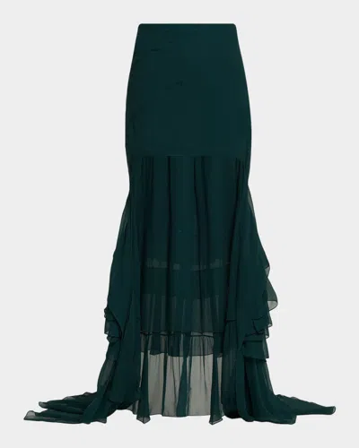 Saint Laurent Cascading Ruffle Silk Crepe High-low Skirt In Black