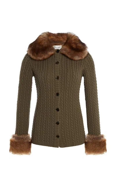Saint Laurent Cashmere Cable Knit Cardigan With Fur Trim In Neutral