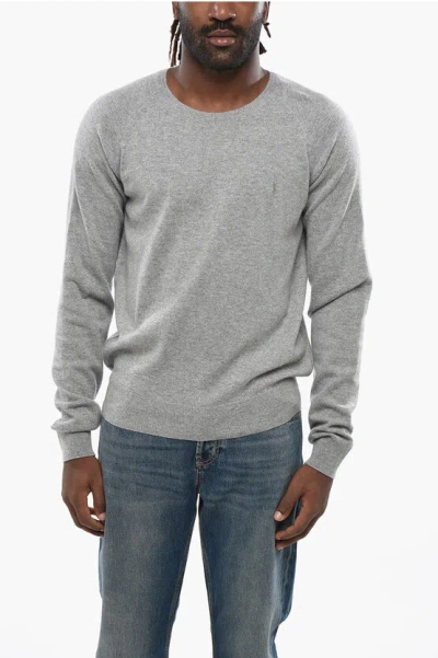 Saint Laurent Cashmere Crew-neck Sweater With Embroidered Logo In Silver