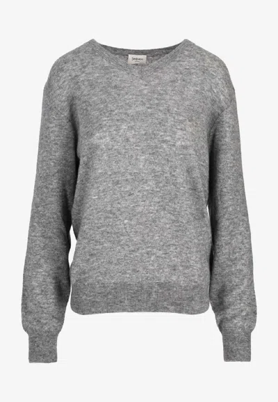 Saint Laurent Cashmere Knit V-neck Sweater In Gray