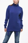 Saint Laurent Cashmere Turtleneck Sweater With Garter Strap In Blue