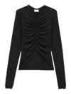 Saint Laurent Ruched V-neck Sheer Knitwear With Slim Fit In Black