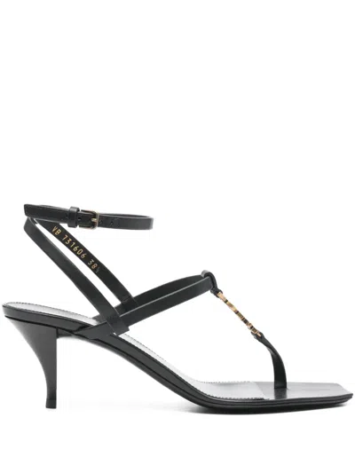 Pre-owned Saint Laurent Cassandra 65mm Leather Sandals In Black