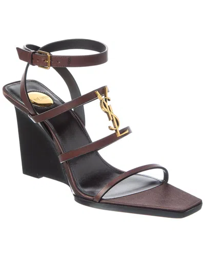 Saint Laurent Cassandra 90 Leather Wedge Sandal In Brown