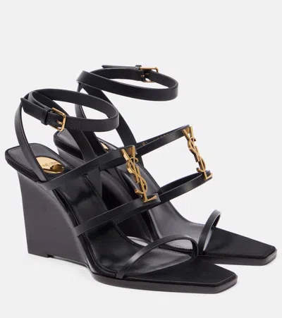SAINT LAURENT CASSANDRA 90 LEATHER WEDGE SANDALS
