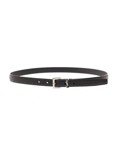 Saint Laurent Cassandra' Black Belt With Silver-tone Buckle In Leather In Grey