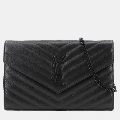 Pre-owned Saint Laurent Cassandra Black Leather Wallet On Chain