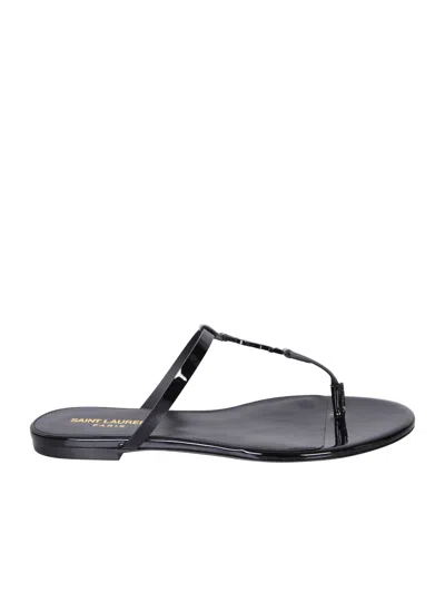 Saint Laurent Cassandra Logo-embellished Patent-leather Sandals In Metal Brown