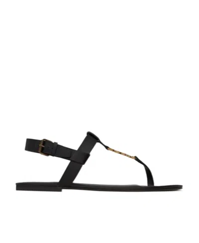 Saint Laurent Cassandra Logo Plaque Flat Sandals In Black
