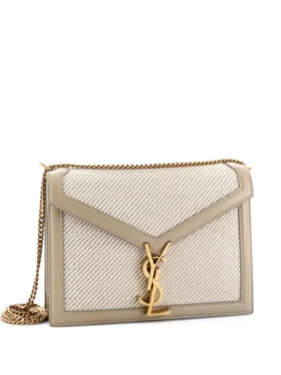 Pre-owned Saint Laurent Cassandra Chain Canvas With Leather Small Shoulder Bag In Neutral