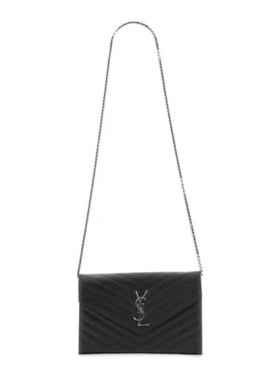 Saint Laurent Cassandre Envelope Chain Wallet In Grain De Poudre Leather In Black