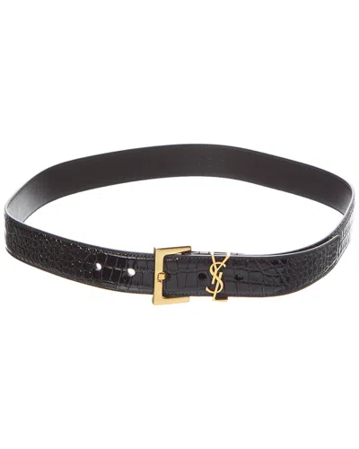 Saint Laurent Cassandra Croc-embossed Leather Belt In Black