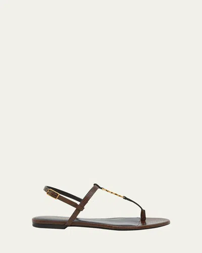 Saint Laurent Cassandra Embossed Ysl T-strap Sandals In Brown