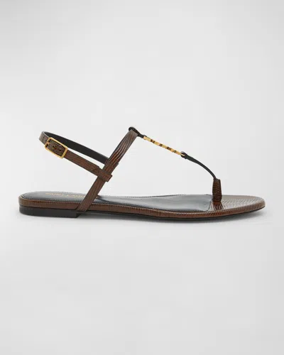 Saint Laurent Cassandra Embossed Ysl T-strap Sandals In Macadamia Brown