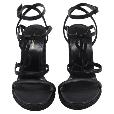 Pre-owned Saint Laurent Cassandra Espadrille 105 Wedges In Black Calfskin Leather
