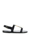 Saint Laurent Black Sandals With Metal Cassandre On The Front And Adjustable Strap In Leather Woman In Nero