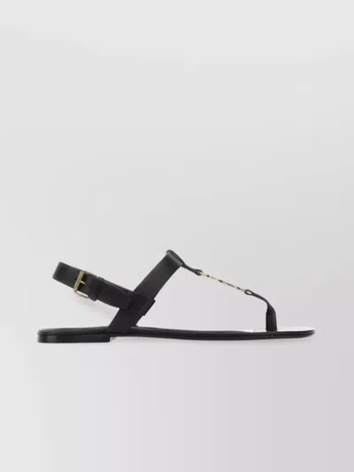 Saint Laurent Cassandra Flat Sole Metallic Toe Strap Sandals In Black