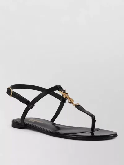 Saint Laurent Cassandra Flat Sole Open Toe Sandals Metallic Accents In Black