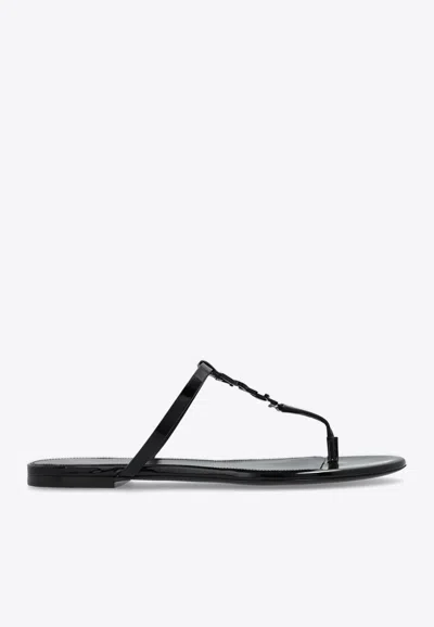 Saint Laurent Cassandra Flat Thong Sandals In Patent Leather In Black