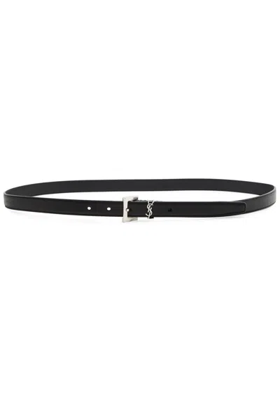 Saint Laurent Cassandra Grained Leather Belt In Black