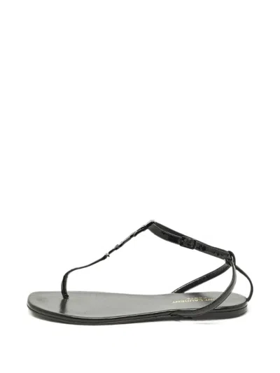 Pre-owned Saint Laurent Cassandra Leather Flat Sandals In Black