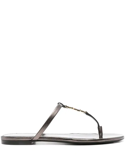 Saint Laurent Cassandra Leather Ysl Thong Sandals In Brown