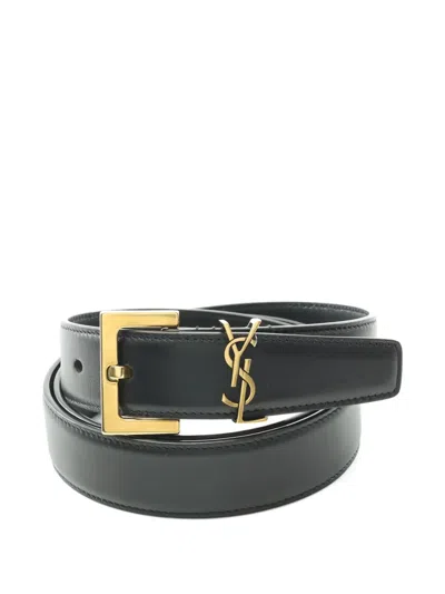 Pre-owned Saint Laurent Cassandra Leather Logo-buckle Belt In Black